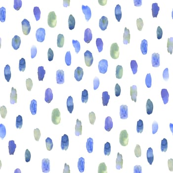 Abstract endless seamless pattern with watercolor blue and green spots on a white background.