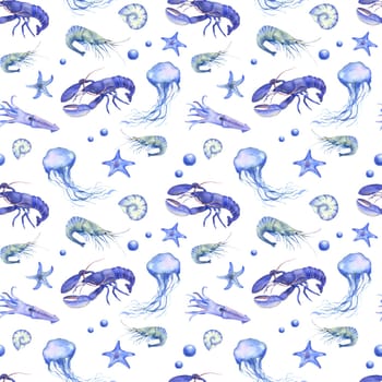 Watercolor seamless pattern with underwater sea animals. Ocean crab, lobster, jellyfish on white background