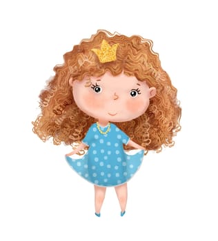 Little cute princess with curly hair, wearing blue dress. Hand drawn Illustration isolated on white background.