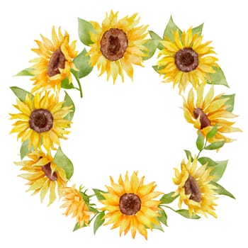 Watercolor sunflowers wreath. Colorful botanical hand drawn round floral frame isolated on white background
