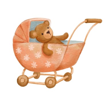 Toy baby stroller and teddy bear isolated on white. Watercolor hand drawn illustration