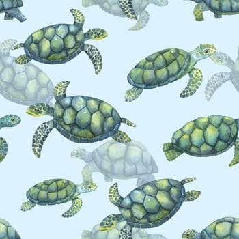 Watercolor seamless pattern with swimming turtles isolated on white background.