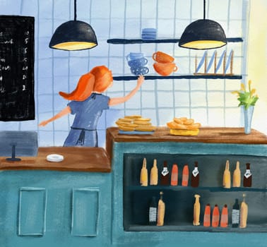 Cafe shop Restaurant design Modern and Loft. Illustration of cafe with cashier girl