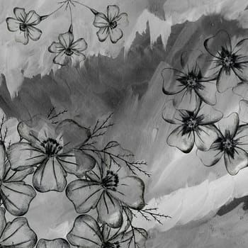 Watercolor Gray Background with Hand Drawn Black and White Marigold Flowers. Floral Background for Scrapbooking, Print, Wrap and other.
