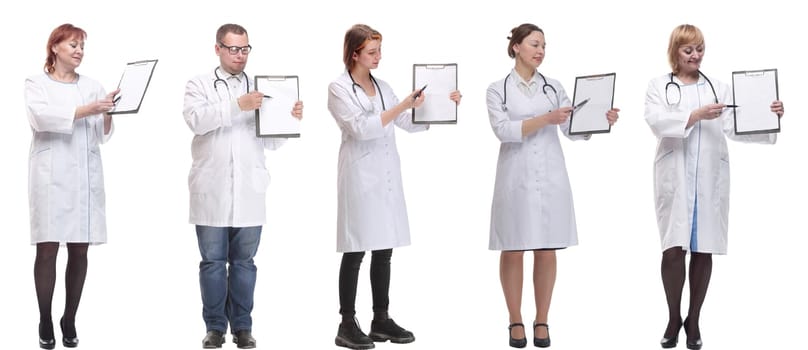 full length group of doctors with notepad isolated on white background