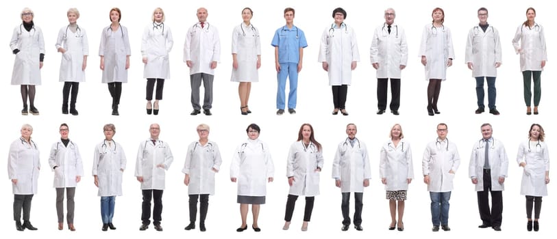 group of doctors in full length isolated on white background