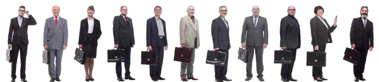 collage, group of businessmen with briefcase isolated on white background