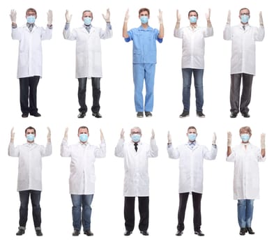 group of doctors in mask isolated on white background