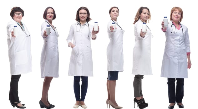 group of doctors holding jar isolated on white background