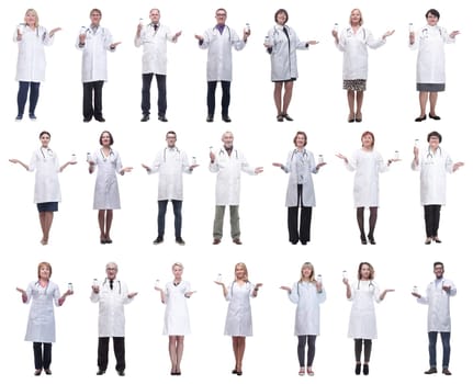 group of doctors holding jar isolated on white background