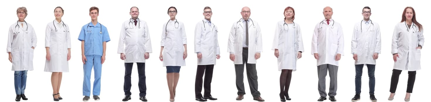 group of doctors in full length isolated on white background