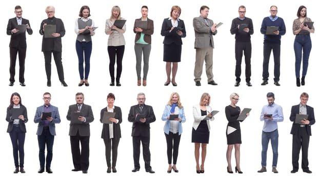 group of successful people with notepad in hands isolated on white background