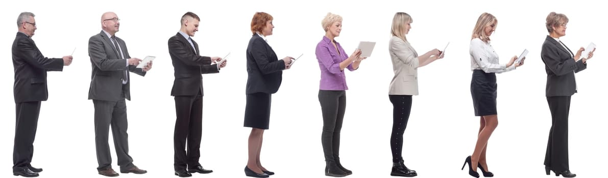 group of people holding tablet and looking ahead isolated on white background