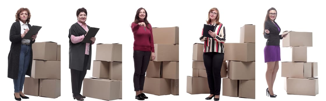 Collage of people lifting heavy cardboard box isolated on white background.