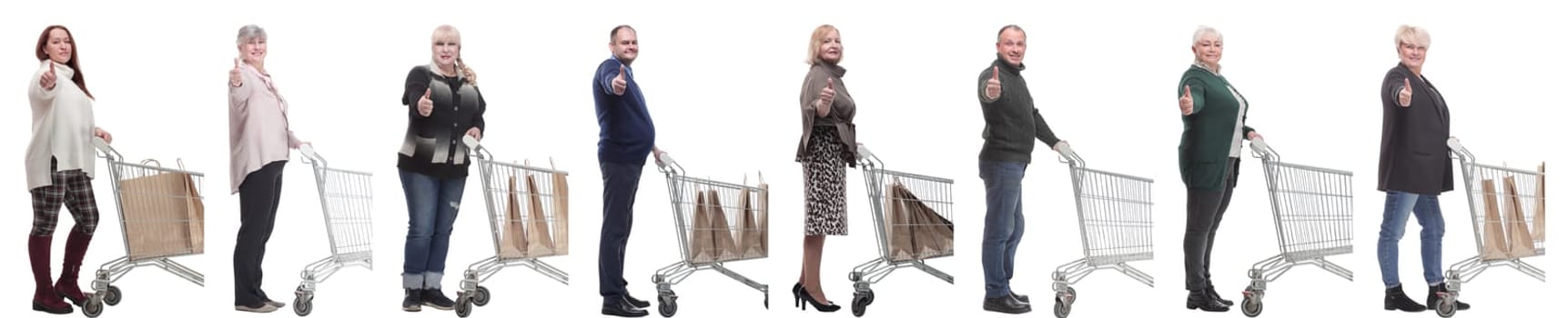 a group of people in profile with a basket showing thumbs up on a white background