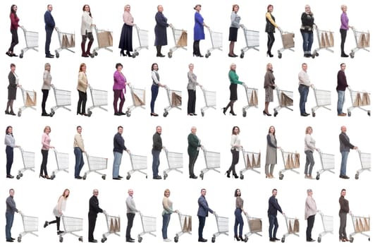 group of people with cart looking at camera isolated on white background