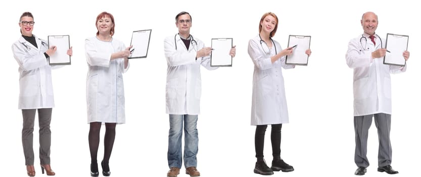 full length group of doctors with notepad isolated on white background