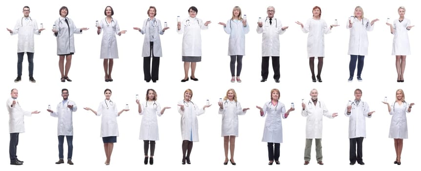 group of doctors holding jar isolated on white background