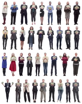 group of successful people with money in their hands looking at the camera on a white background