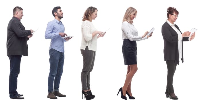 group of people holding tablet and looking ahead isolated on white background