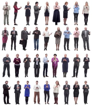 a group of people hold a phone in their hand and look into the phone isolated on a white background