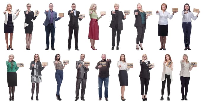 group of happy people with gifts in their hands isolated on white background