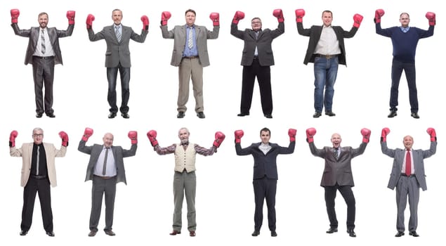 collage of businessmen in boxing gloves isolated on white background