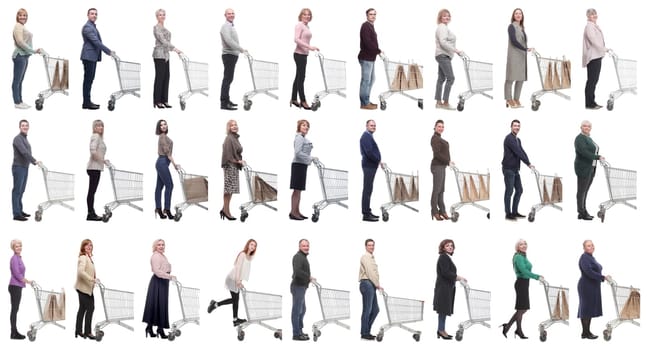 group of people with cart looking at camera isolated on white background