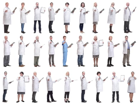 full length group of doctors with notepad isolated on white background