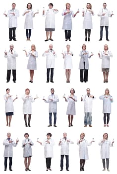 group of doctors holding jar isolated on white background