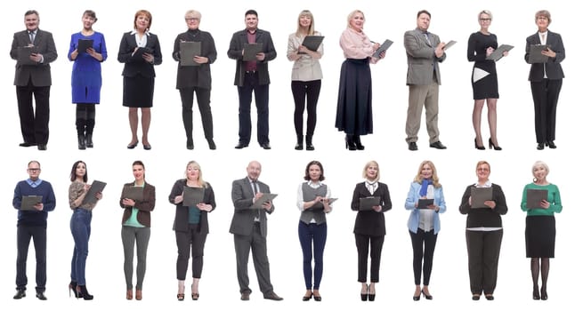 group of successful people with notepad in hands isolated on white background