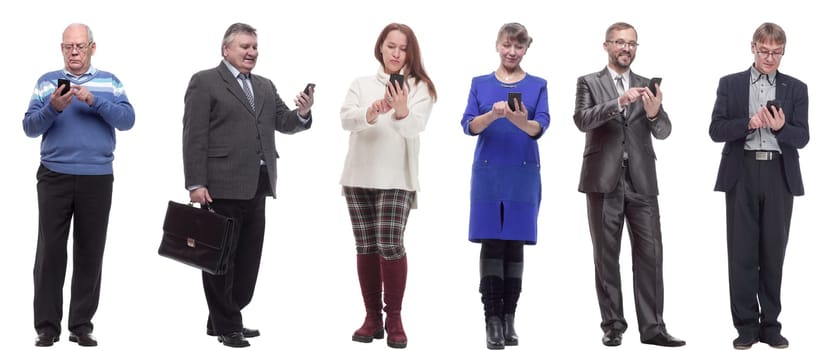 a group of people hold a phone in their hand and look into the phone isolated on a white background