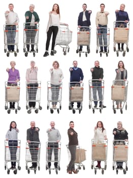 group of people with shopping cart showing thumbs up at camera isolated on white background