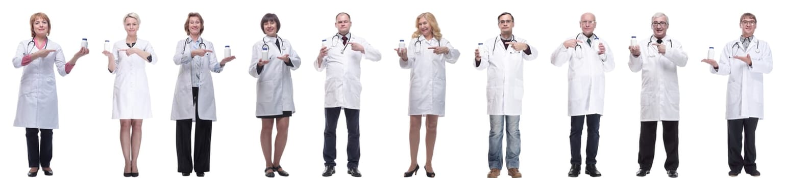 group of doctors holding jar isolated on white background