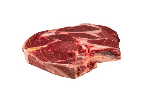 Raw cowboy steak with seasonings on white background, prime rib eye on bone, High quality photo