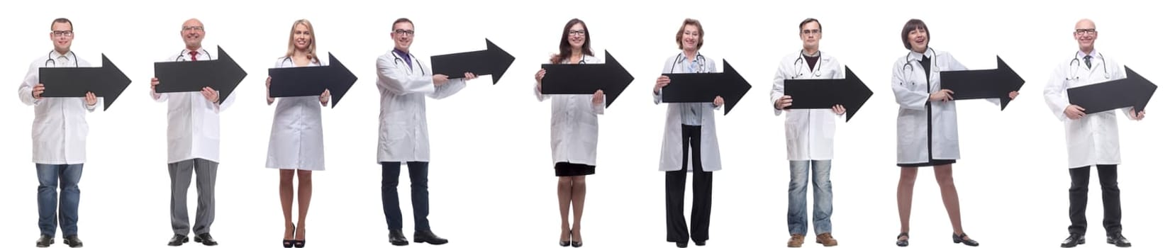 group of successful business people with black arrow isolated on white background