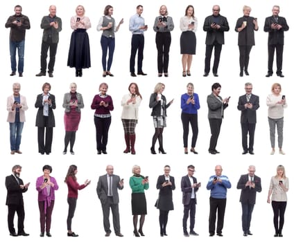a group of people hold a phone in their hand and look into the phone isolated on a white background