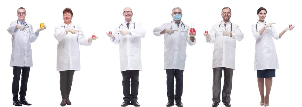 laboratory assistant holding a flask with liquid isolated on white background