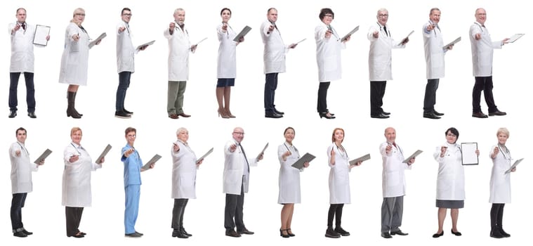 full length group of doctors with notepad isolated on white background