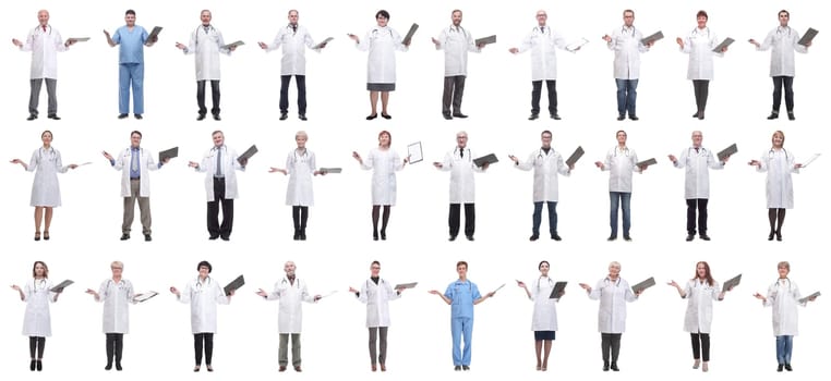 full length group of doctors with notepad isolated on white background