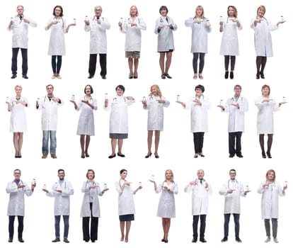 group of doctors holding jar isolated on white background