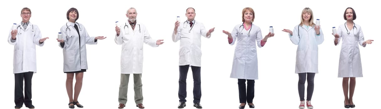 group of doctors holding jar isolated on white background