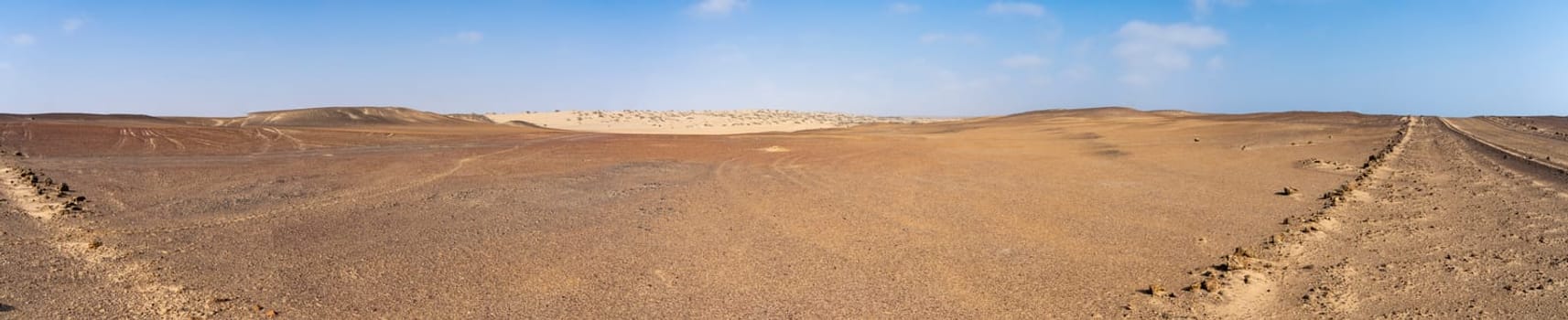 Panoramic view of the Skeleton Coast desert dunes in Namibia in Africa.