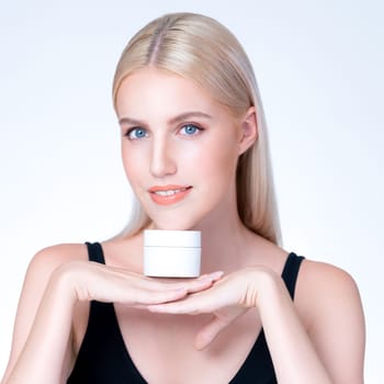 Closeup personable beautiful perfect natural cosmetic makeup skin woman holding mockup jar moisturizer cream for healthy skincare treatment, anti-aging product advertisement in isolated background.