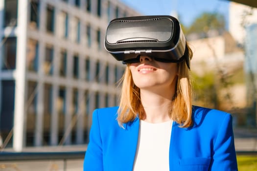 Woman with VR virtual reality goggles experiences a metaverse world. Augmented reality technology concept