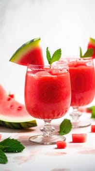 Fresh watermelon cocktails with slices of watermelon. Generative AI.