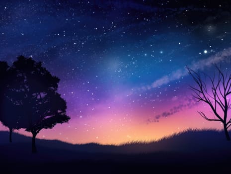 Night sky stars milky way blue purple sky in starry night over mountains. Generative AI.