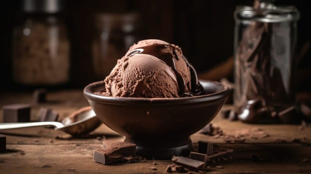 Chocolate ice cream ball on wooden table. Generative AI.