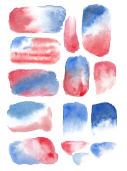 Red and blue abstract watercolor blobs isolated on white background. Blobs fourth of july, independence day of the usa