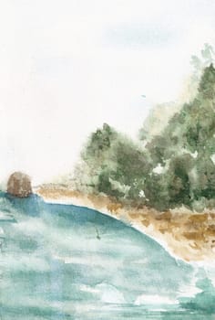 watercolor nature scene with beautiful island and ocean . hand drawn watercolor illustration